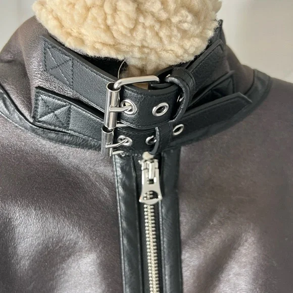 Zara Dark Brown Leather Jacket with Cream Shearling - Picture 5 of 7